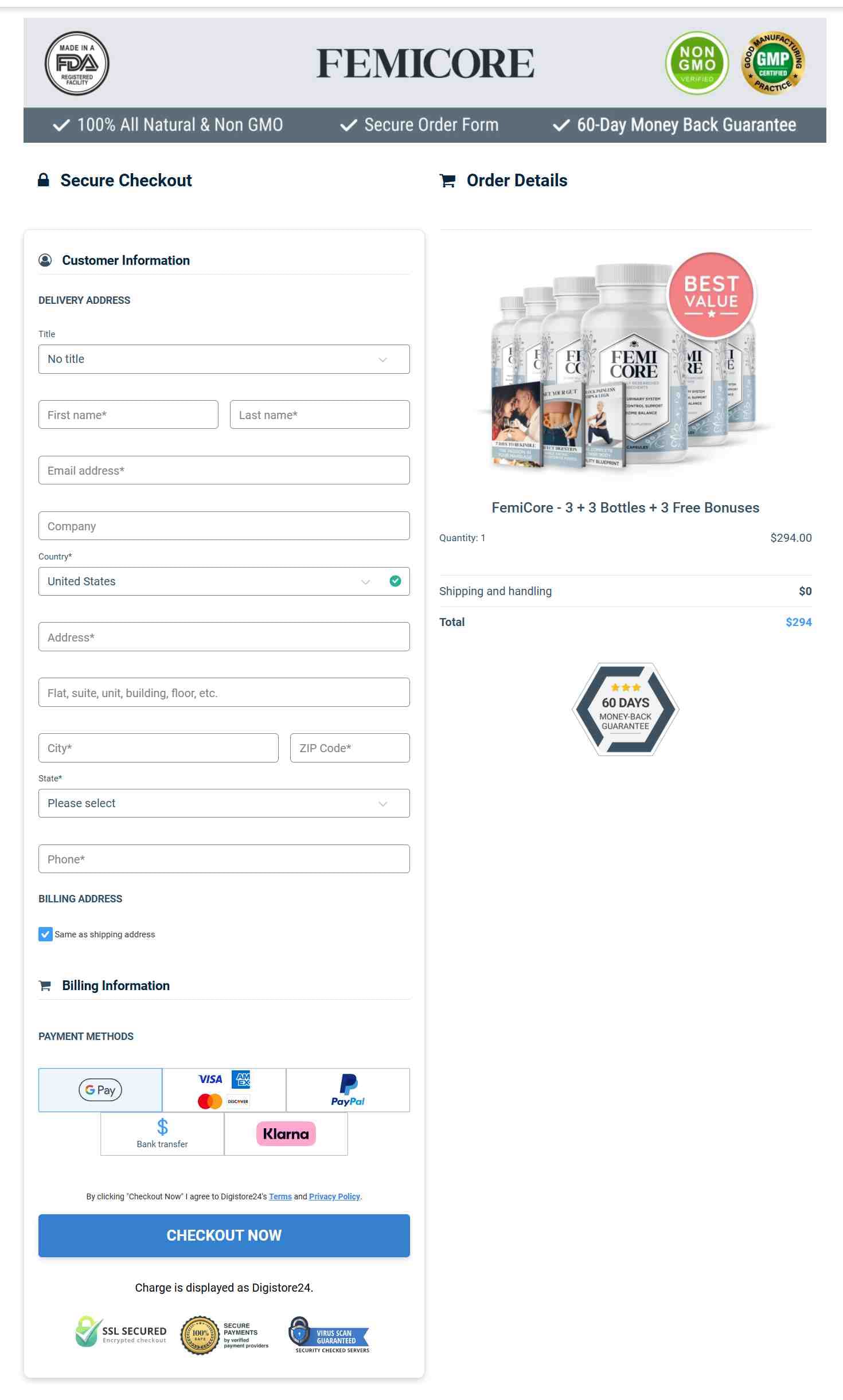 FemiCore Final Order Checkout Page